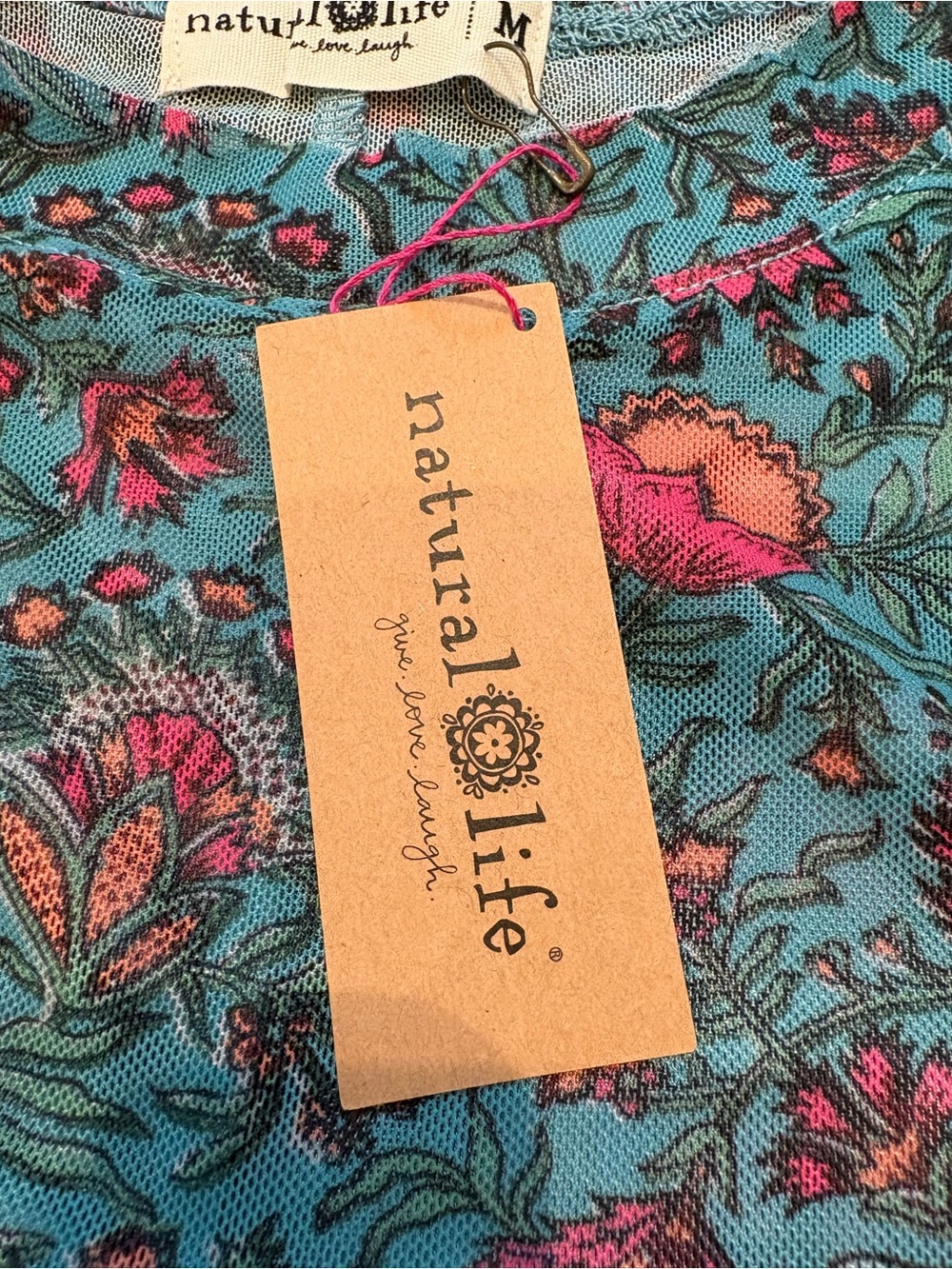 Natural Life Mesh Top Floral Print Teal Pink Short Sleeve NWT Medium Fits Small - Picture 5 of 9